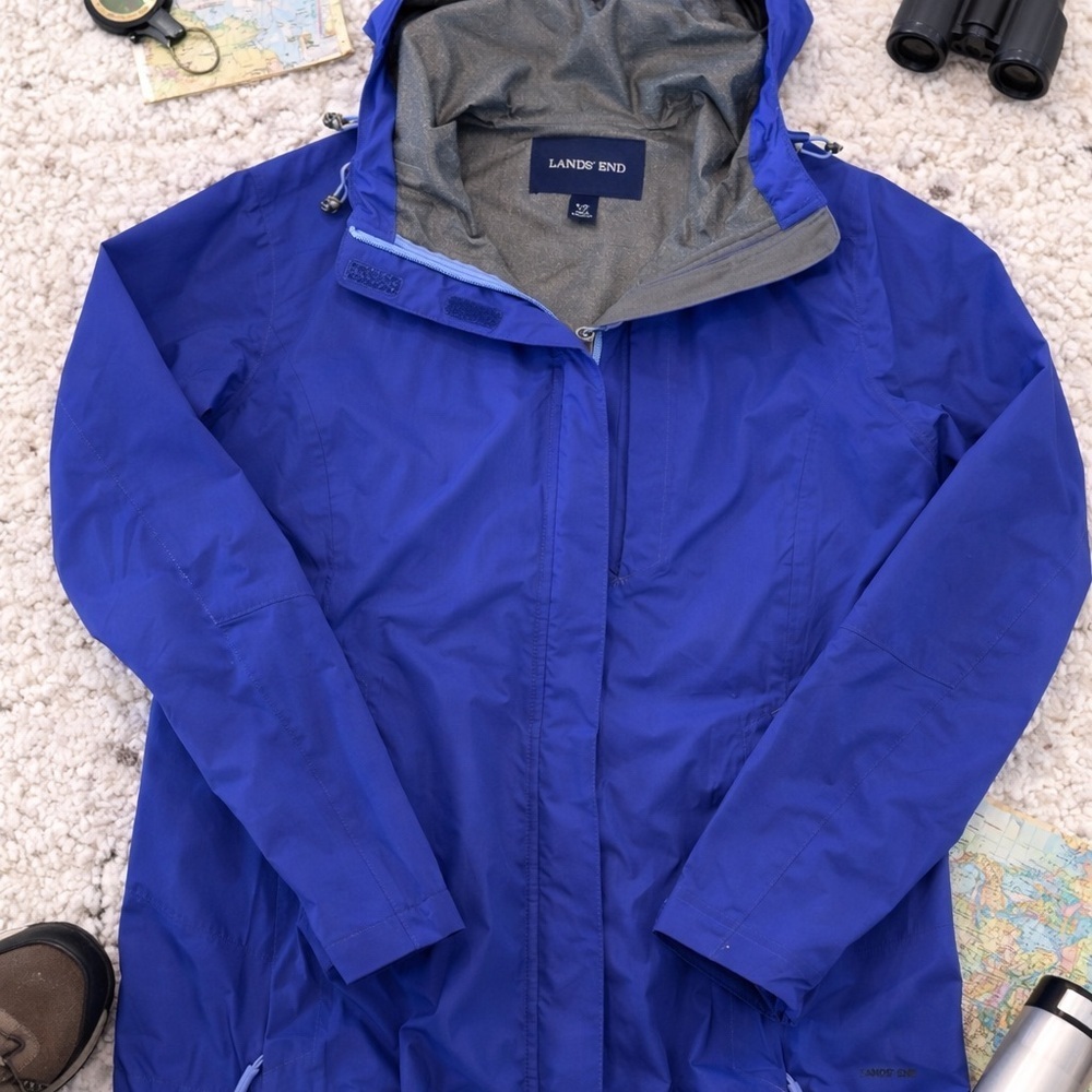 Lands’ End Blue Waterproof Hooded Rain Jacket Small 6–8 Lightweight Spring Coat